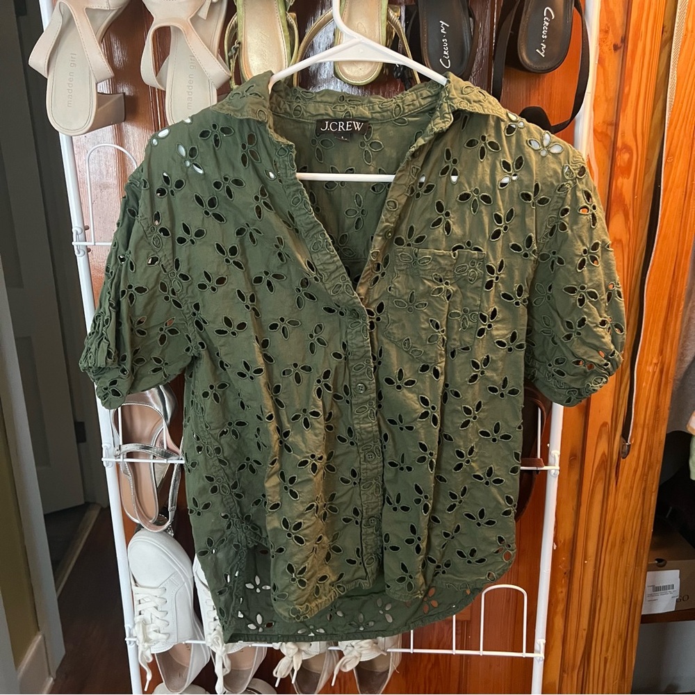 J. Crew Women's Green Eyelet Top